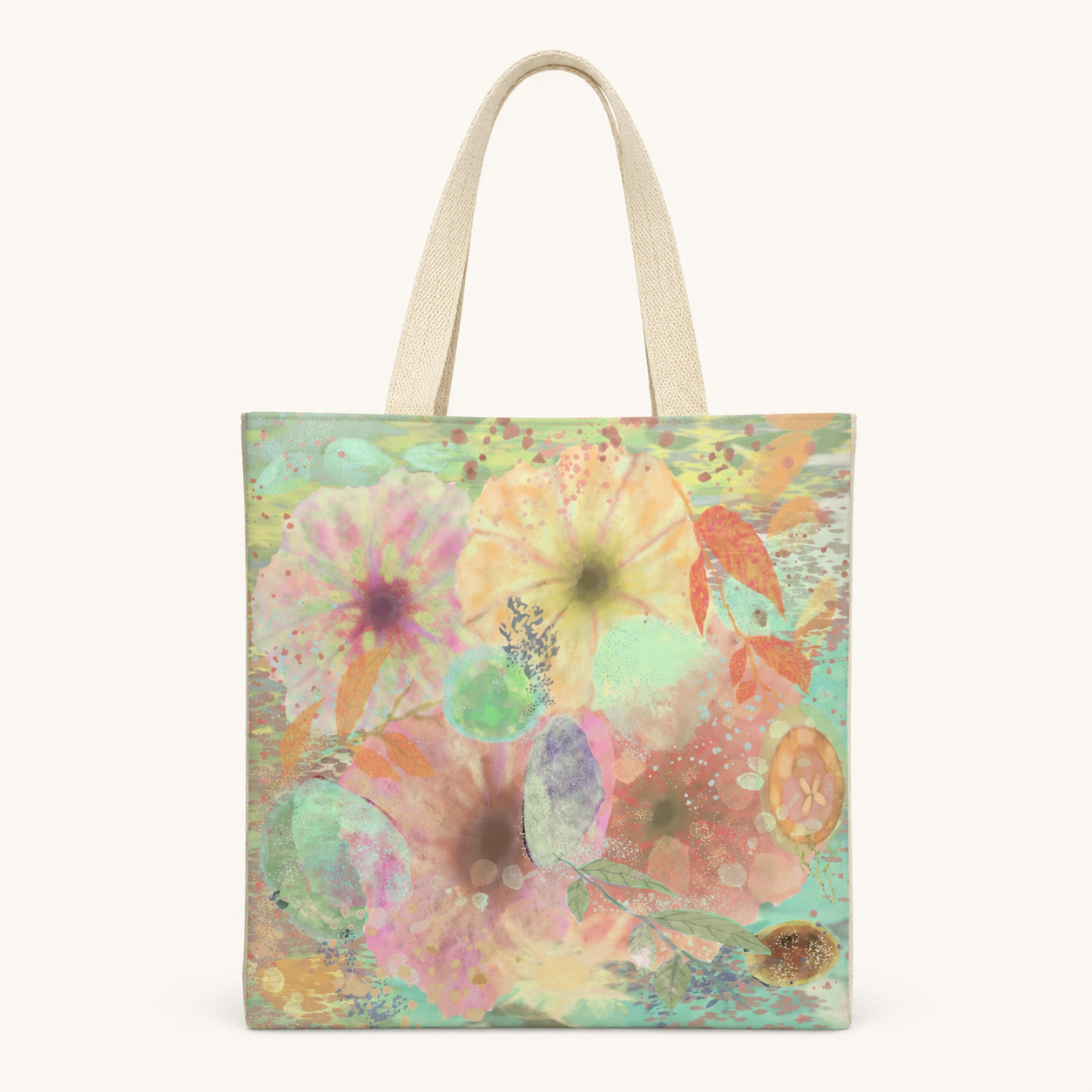 Tote bag with floral design on a white background