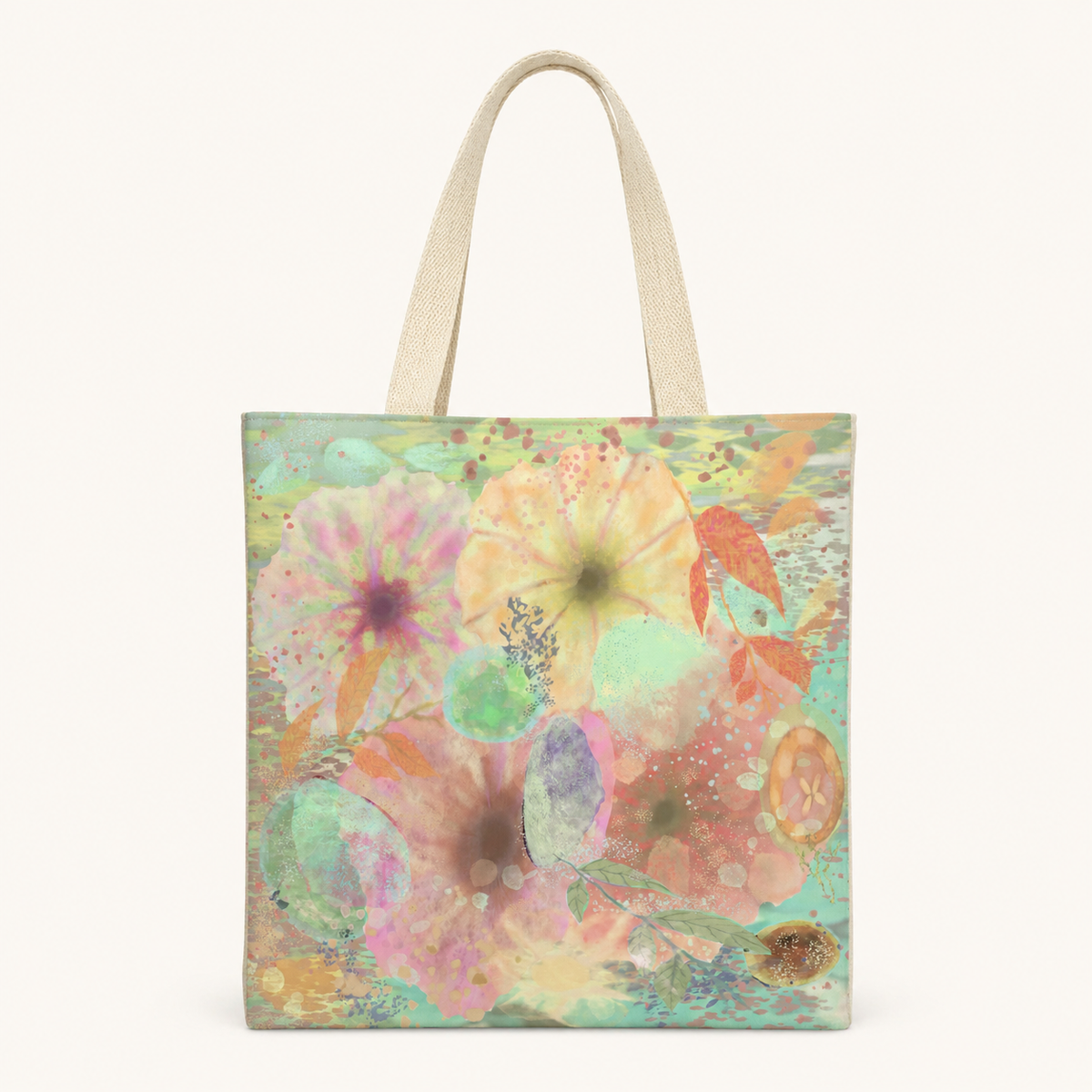 Tote bag with floral design on a white background