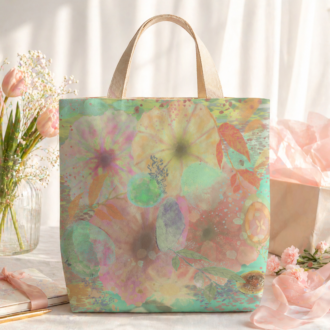 Floral tote bag on a light background with flowers and books