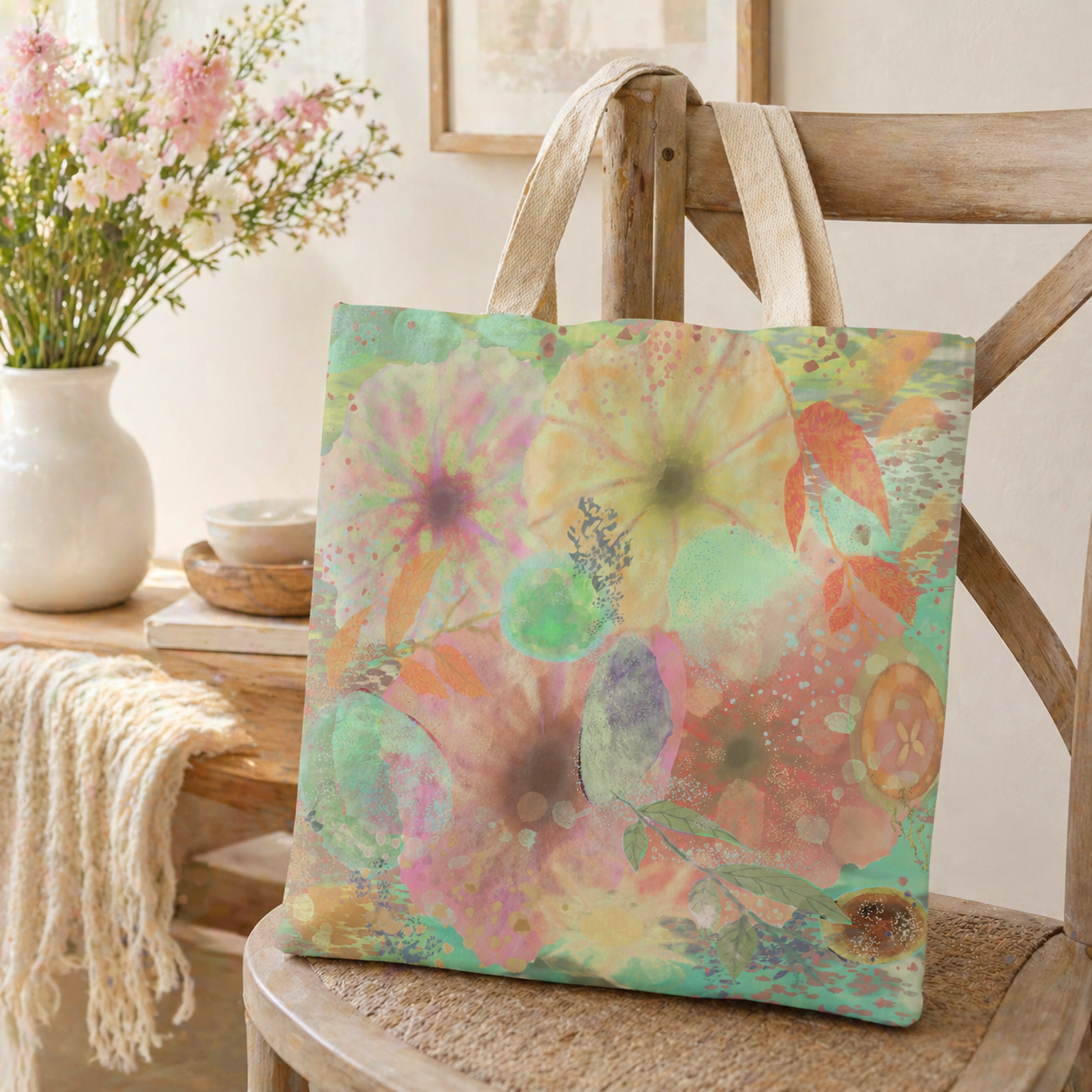 Floral tote bag on a wooden stool with a vase of flowers in the background