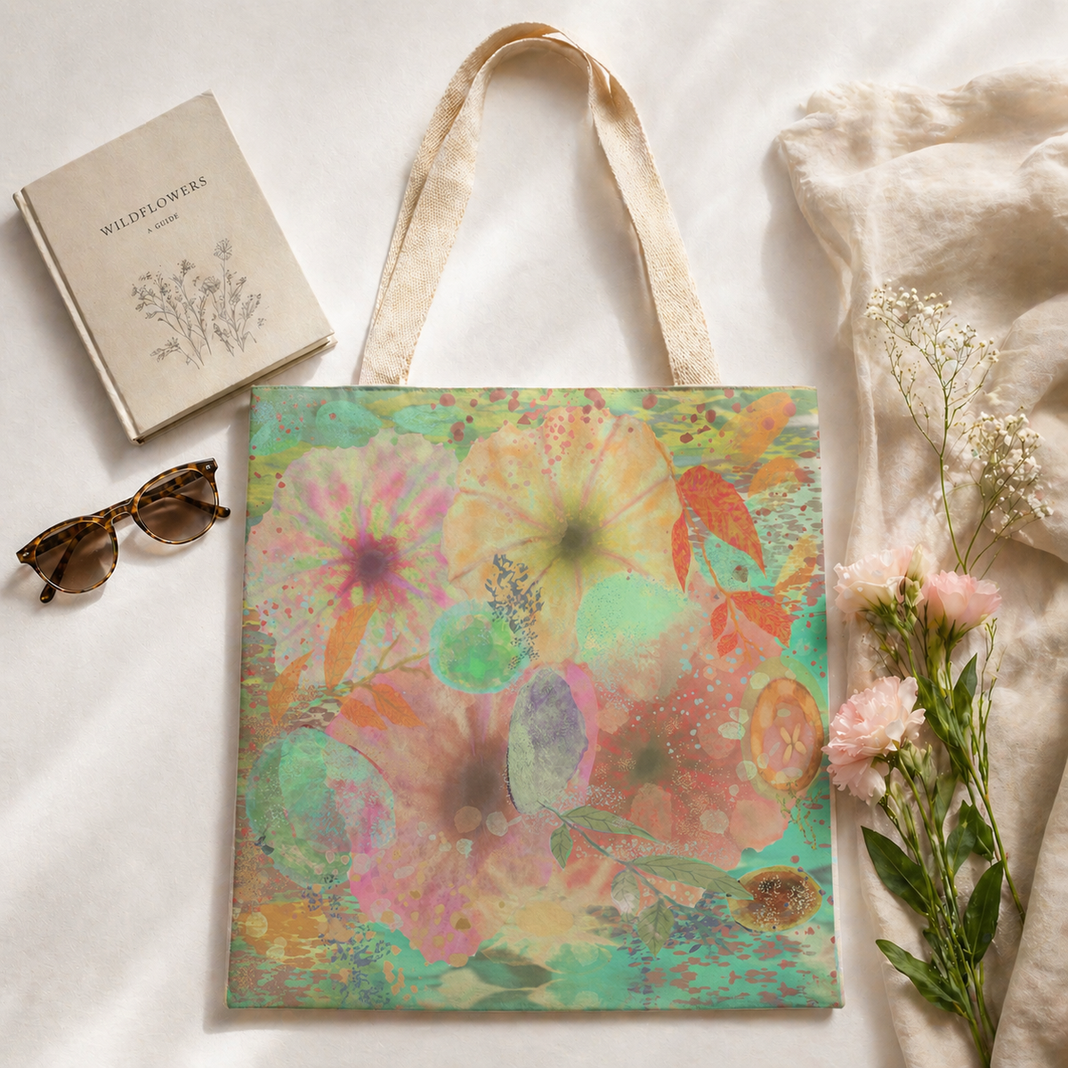 MoirisArt warm floral canvas tote bag