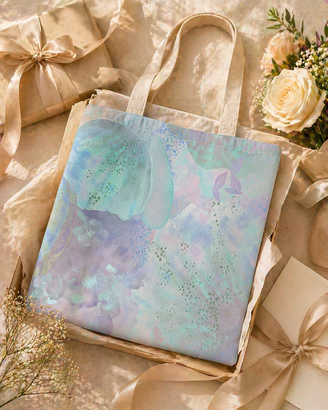 MoirisArt pastel blue and purple canvas tote bag