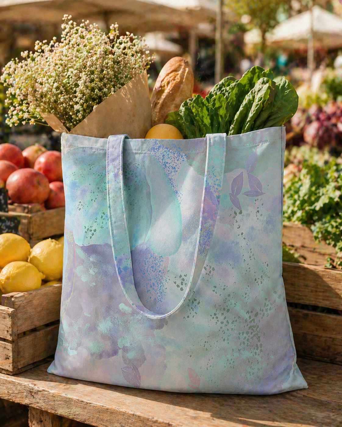Tote bag filled with groceries at an outdoor market