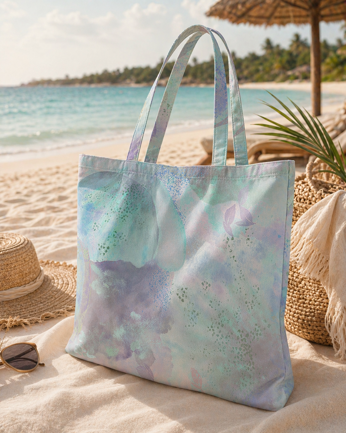 Tote bag with a pastel abstract design on a sandy beach with a straw hat and sunglasses.