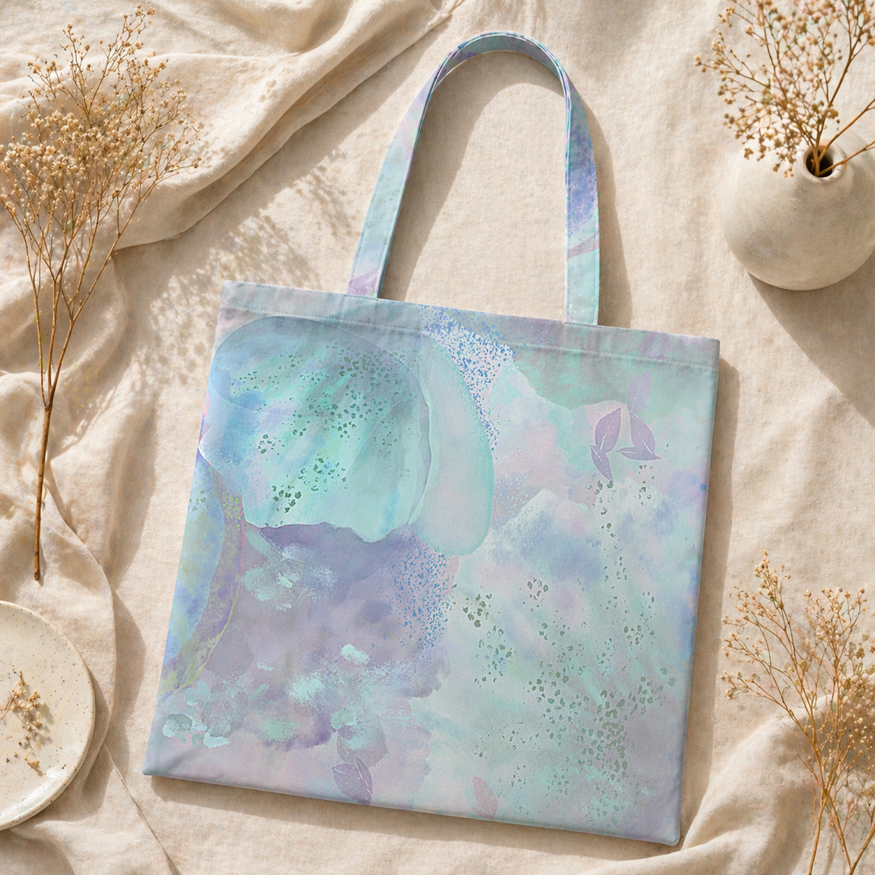 MoirisArt pastel blue and purple canvas tote bag