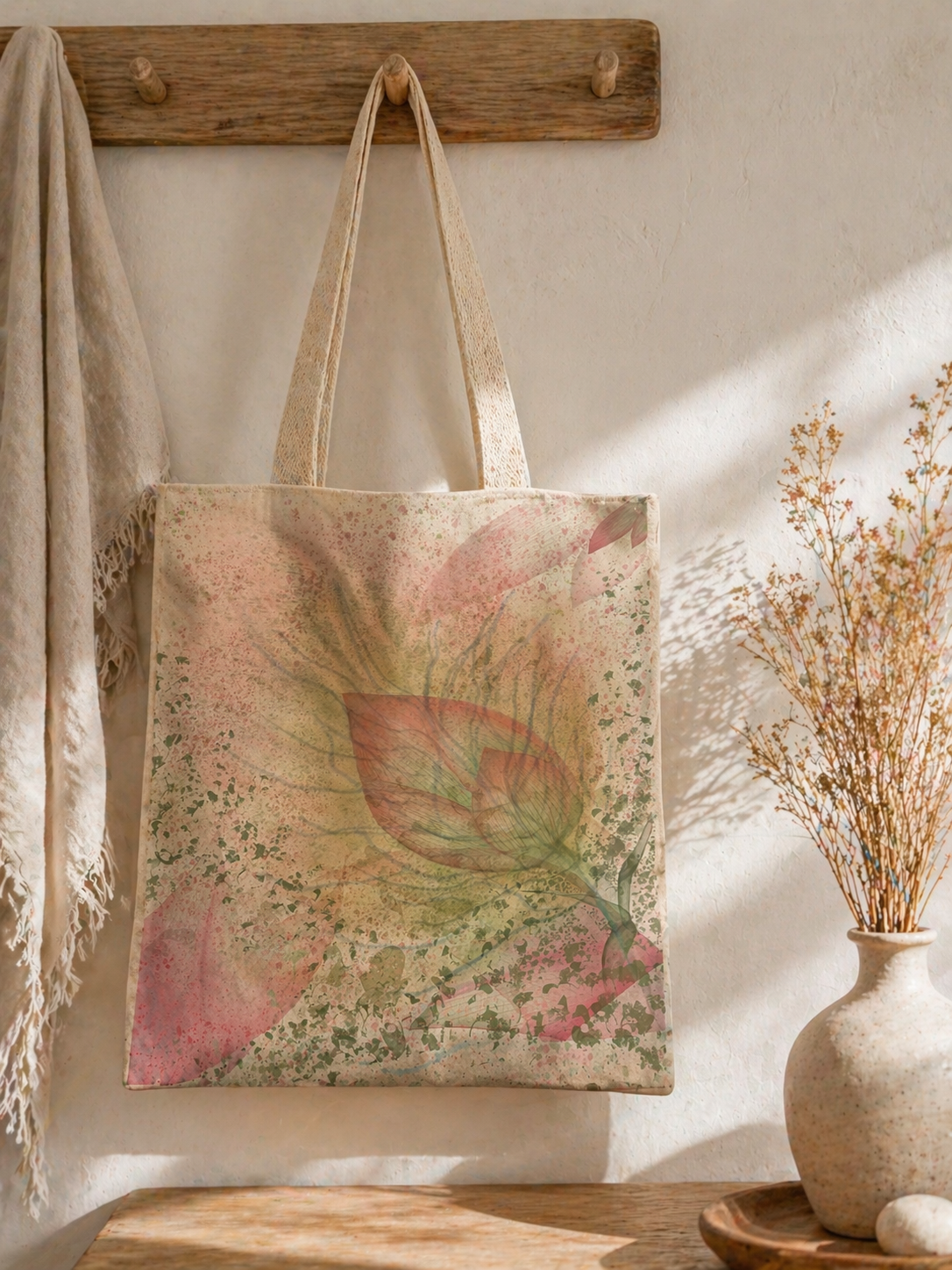 Tote bag with floral design hanging on a wooden hook against a neutral wall.