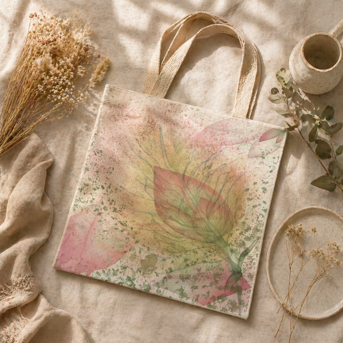MoirisArt botanical floral canvas tote bag