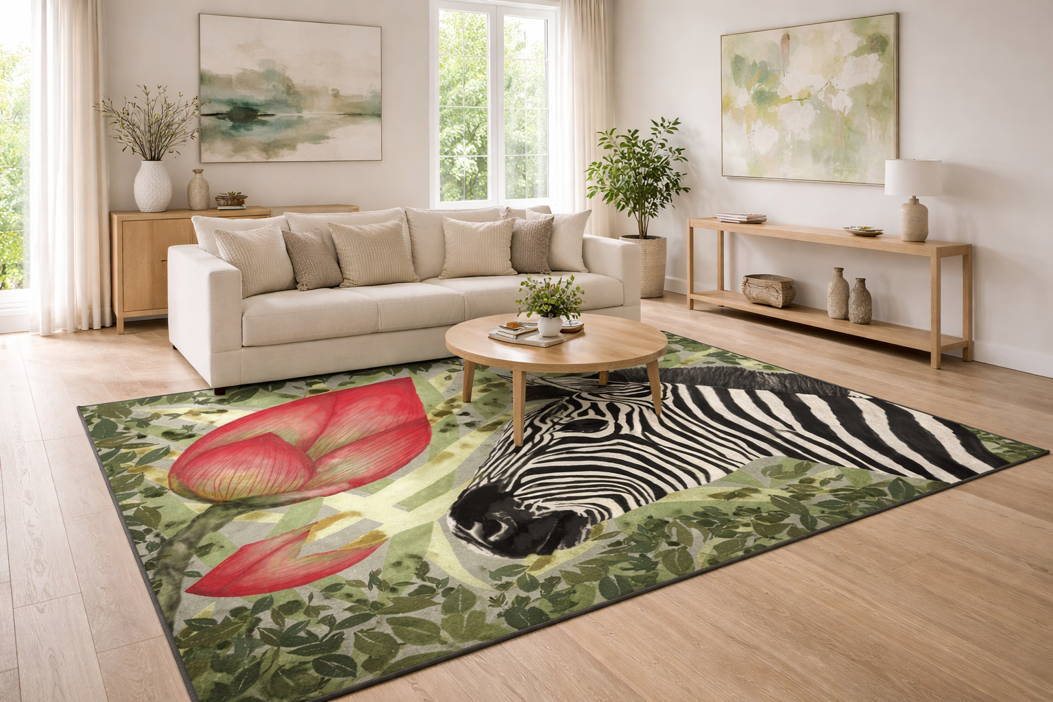 MoirisArt zebra and pink flower area rug