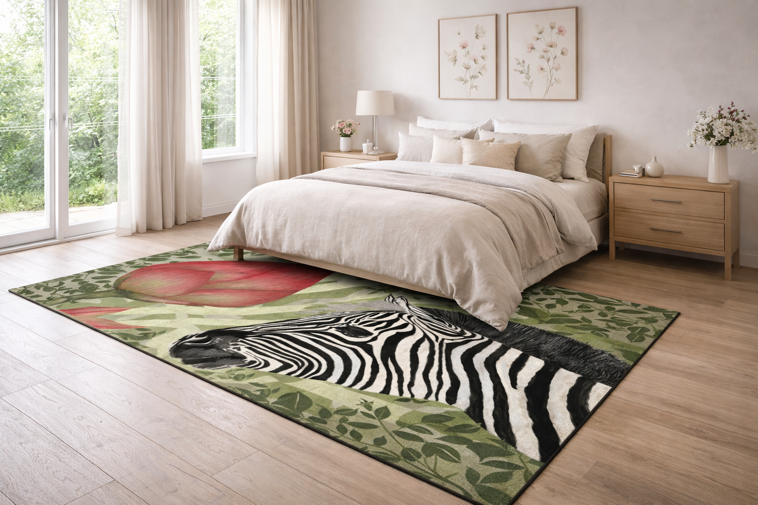 Wildlife Area Rug: Wild Bloom Zebra Botanical Statement Rug