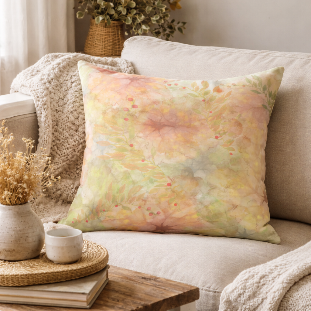 MoirisArt warm floral watercolor throw pillow