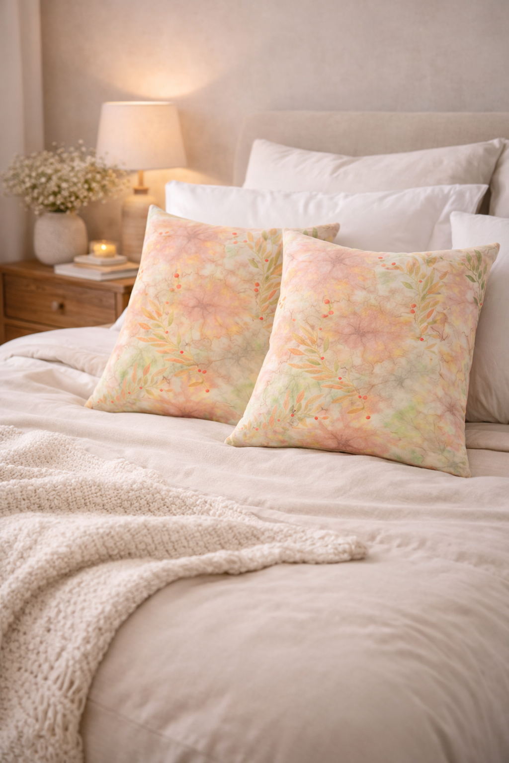 Decorative pillows on a bed with a soft, warm color palette.
