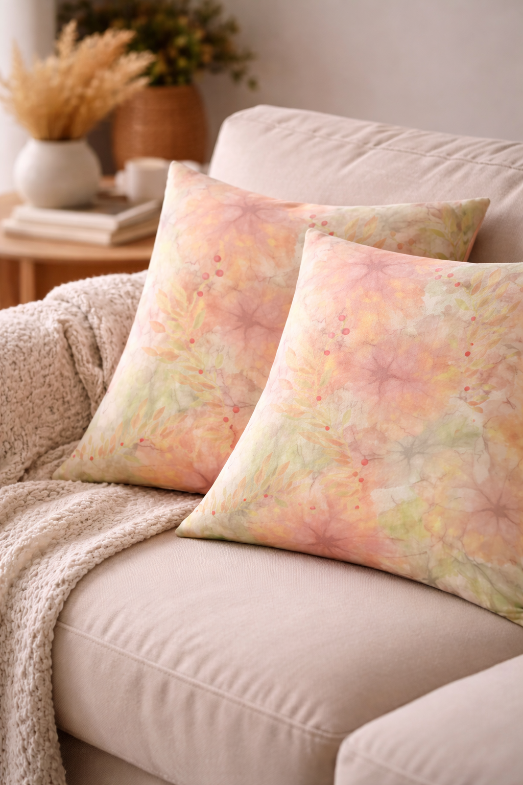 Decorative pillows with a tie-dye pattern on a beige sofa in a living room setting.