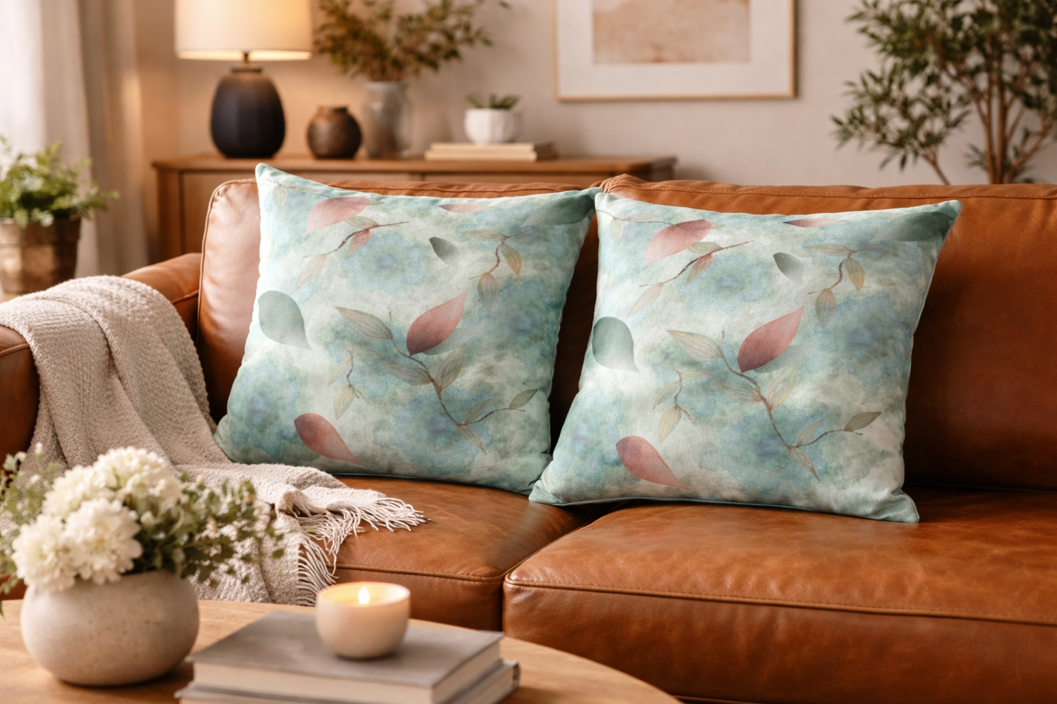 Ocean Watercolor Throw Pillow – Azure Botanical Flow Coastal Accent Cushion