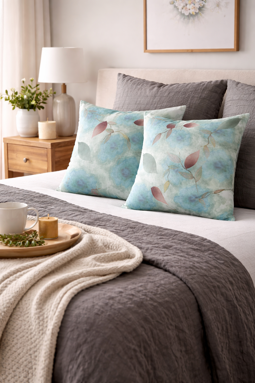 Decorative pillows on a bed with a side table and lamp in a bedroom setting.