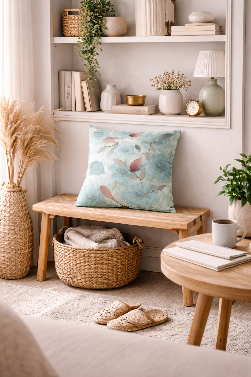 Cozy living room with a wooden bench, cushion, and coffee table.