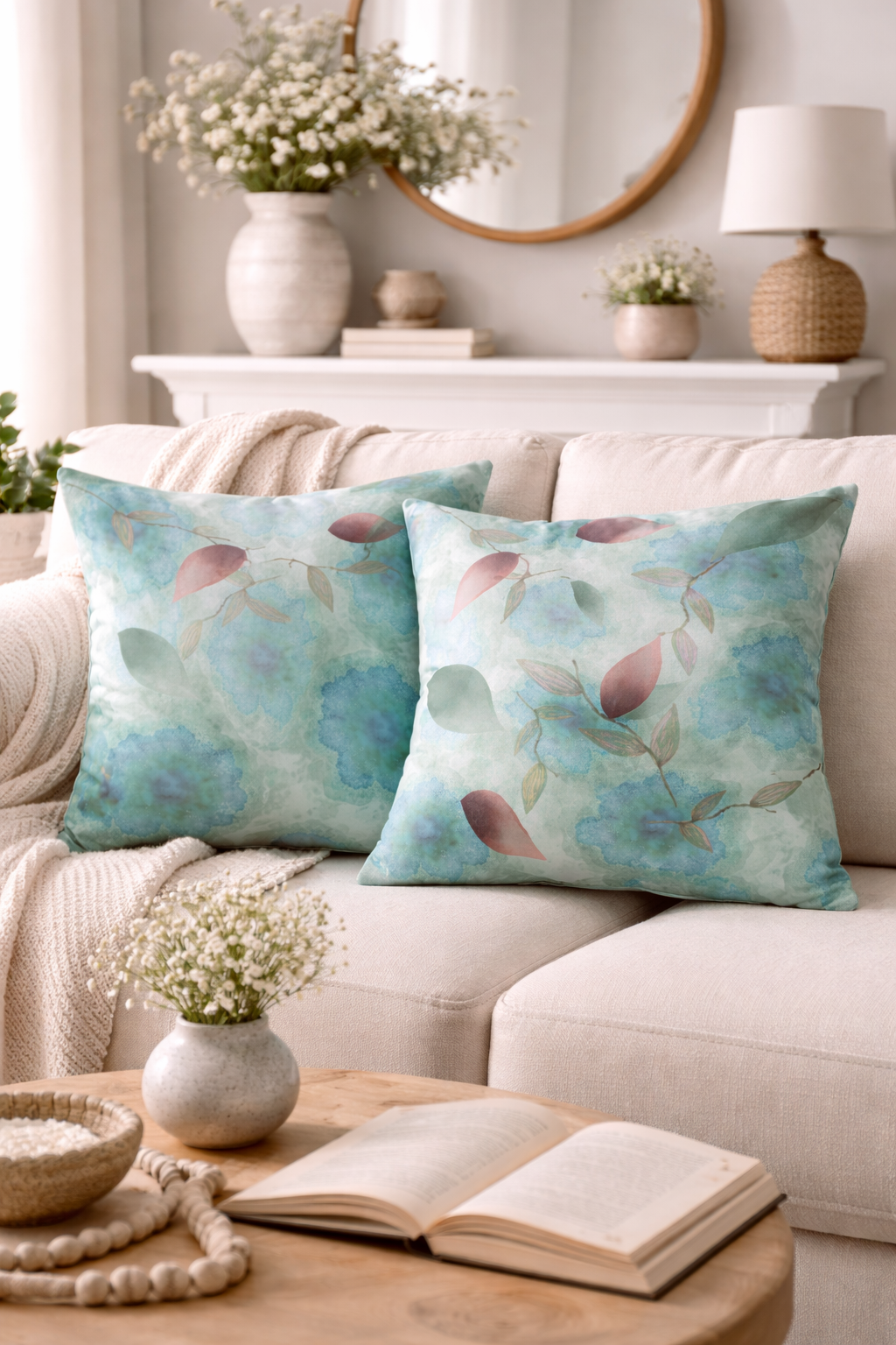 Ocean Watercolor Throw Pillow – Azure Botanical Flow Coastal Accent Cushion