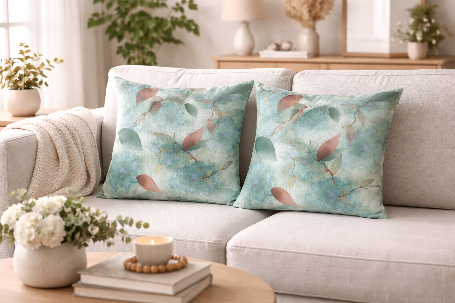 Decorative pillows with floral patterns on a beige sofa in a living room setting.
