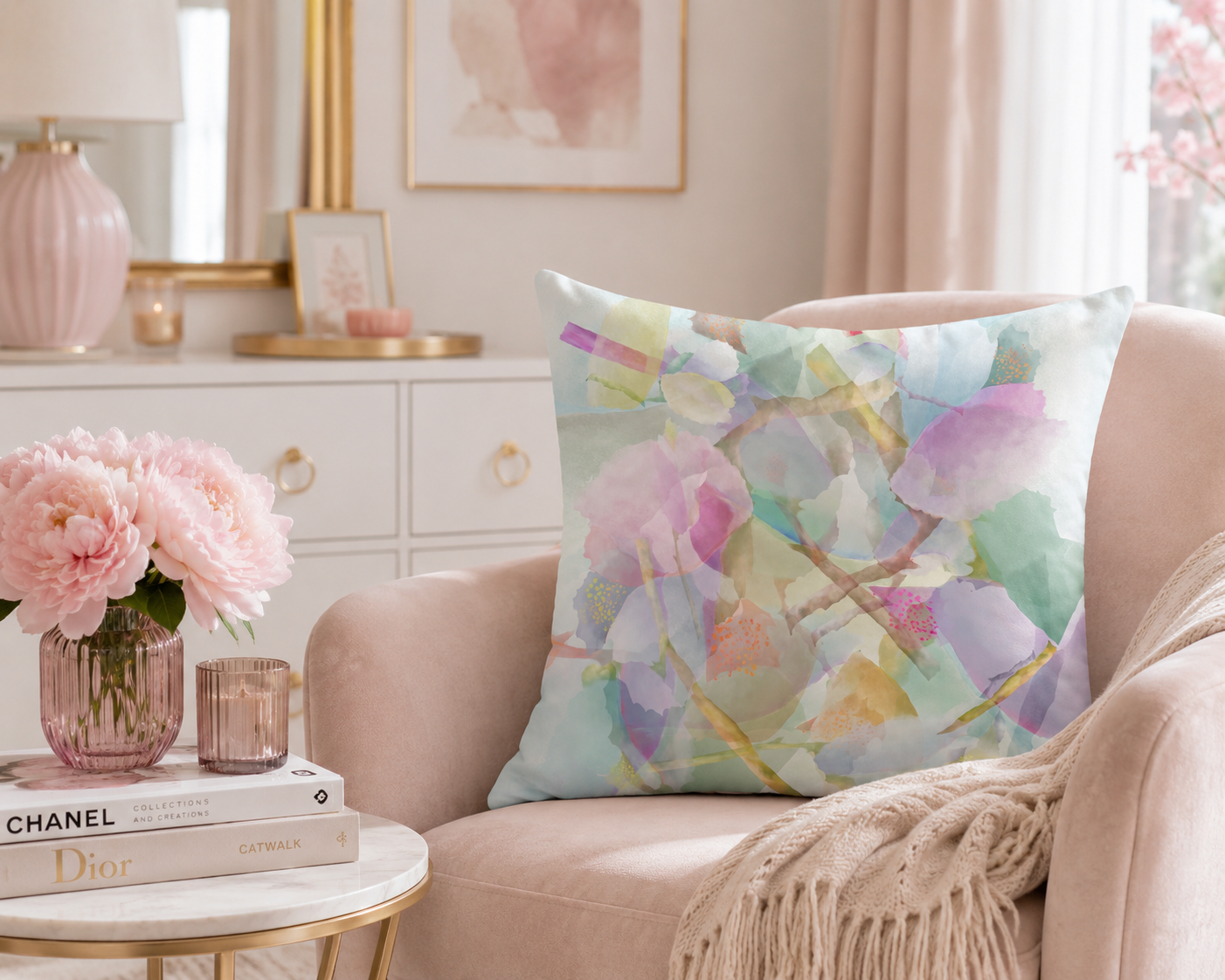 Decorative pillow on a couch with a vase of flowers and books in the background
