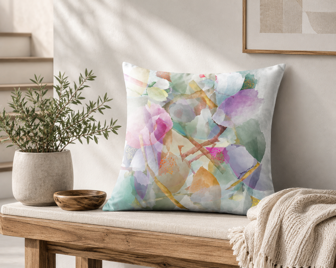 Botanical Watercolor Throw Pillow – Dream Garden Petals Accent Cushion