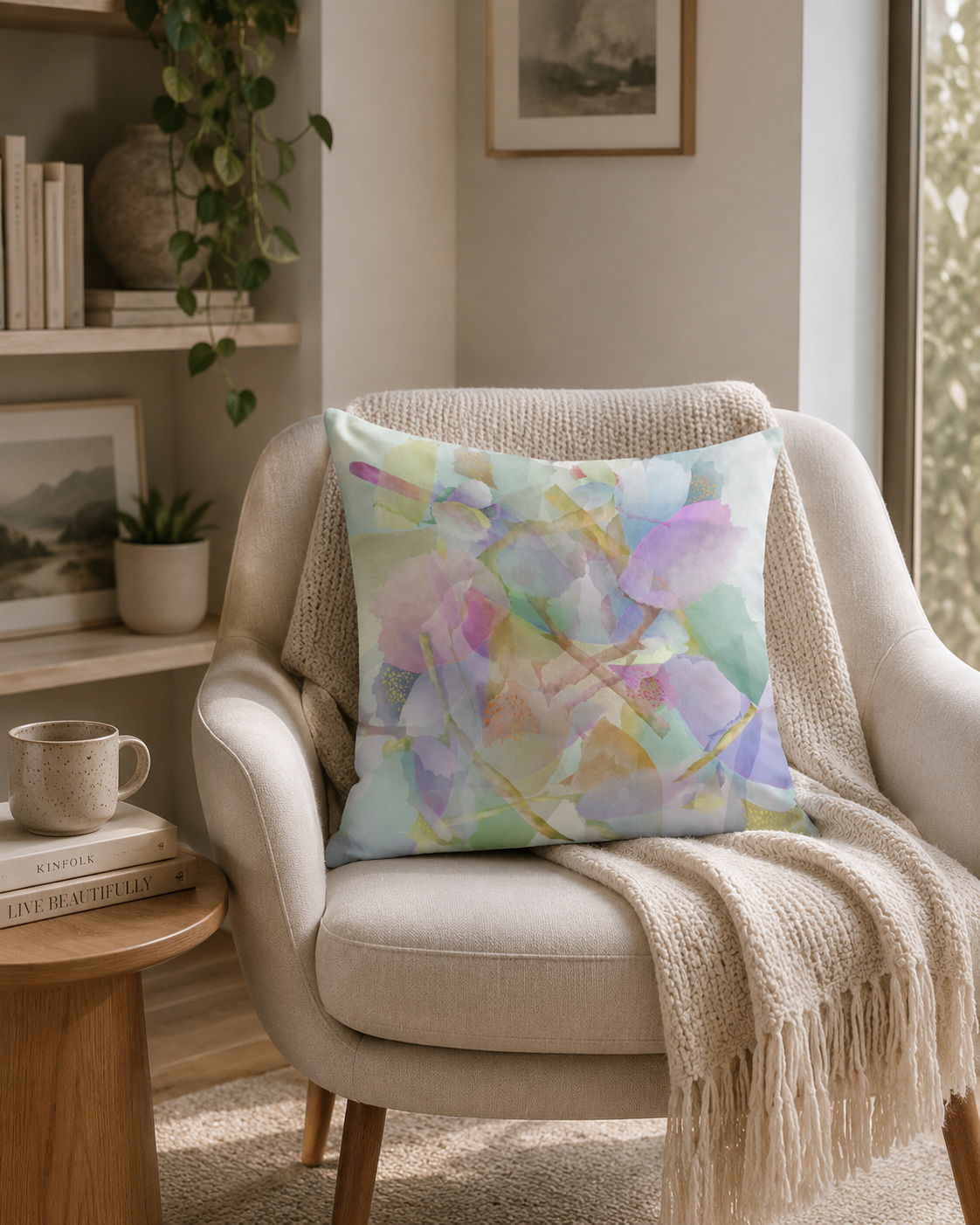 Botanical Watercolor Throw Pillow – Dream Garden Petals Accent Cushion