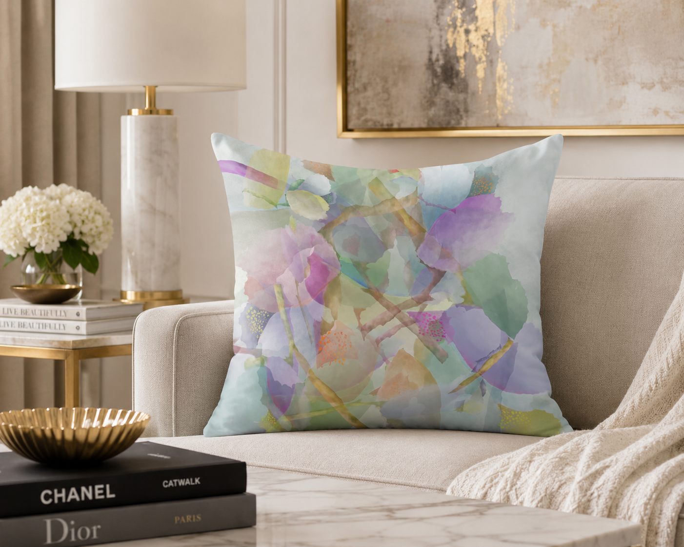 Botanical Watercolor Throw Pillow – Dream Garden Petals Accent Cushion