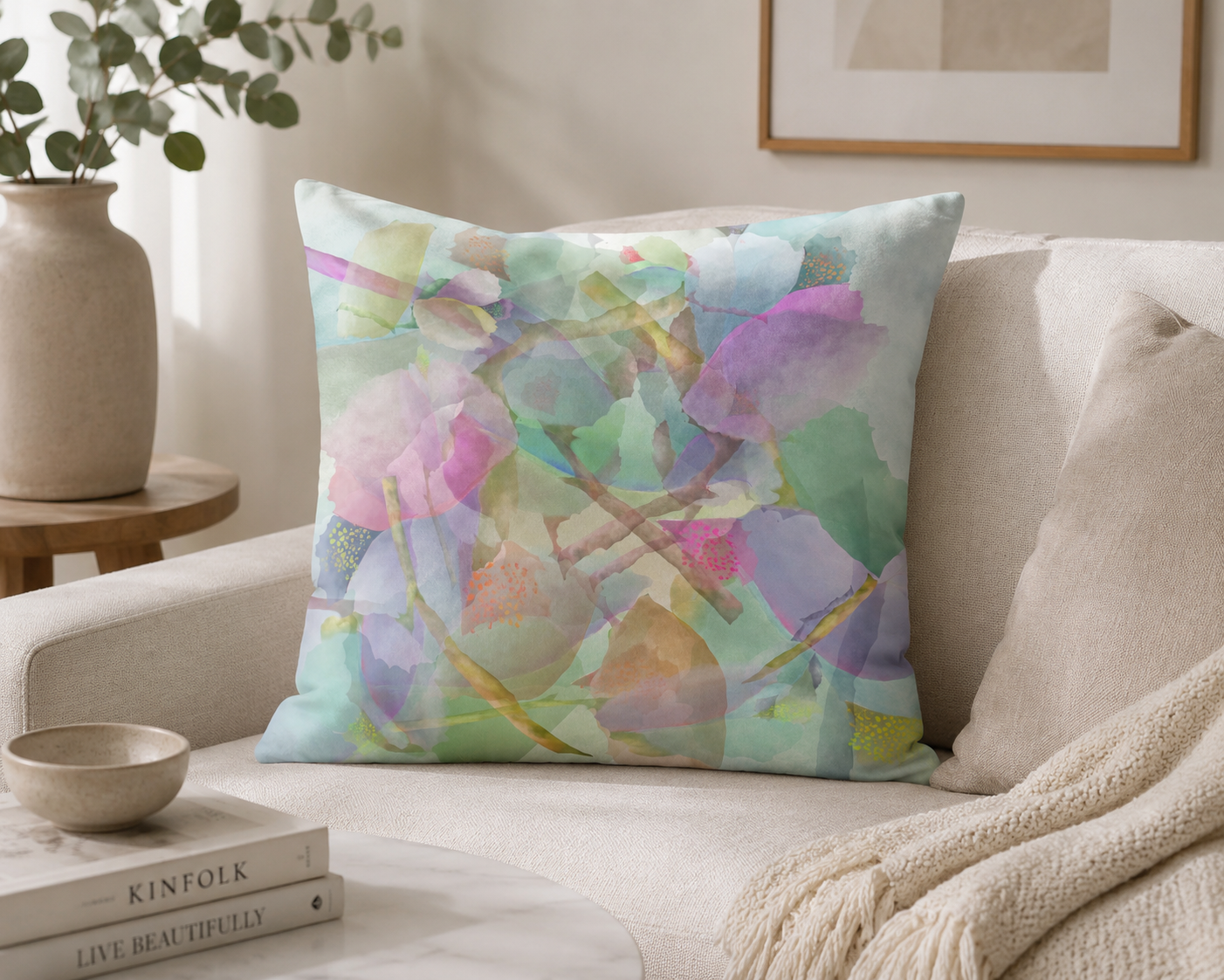Botanical Watercolor Throw Pillow – Dream Garden Petals Accent Cushion
