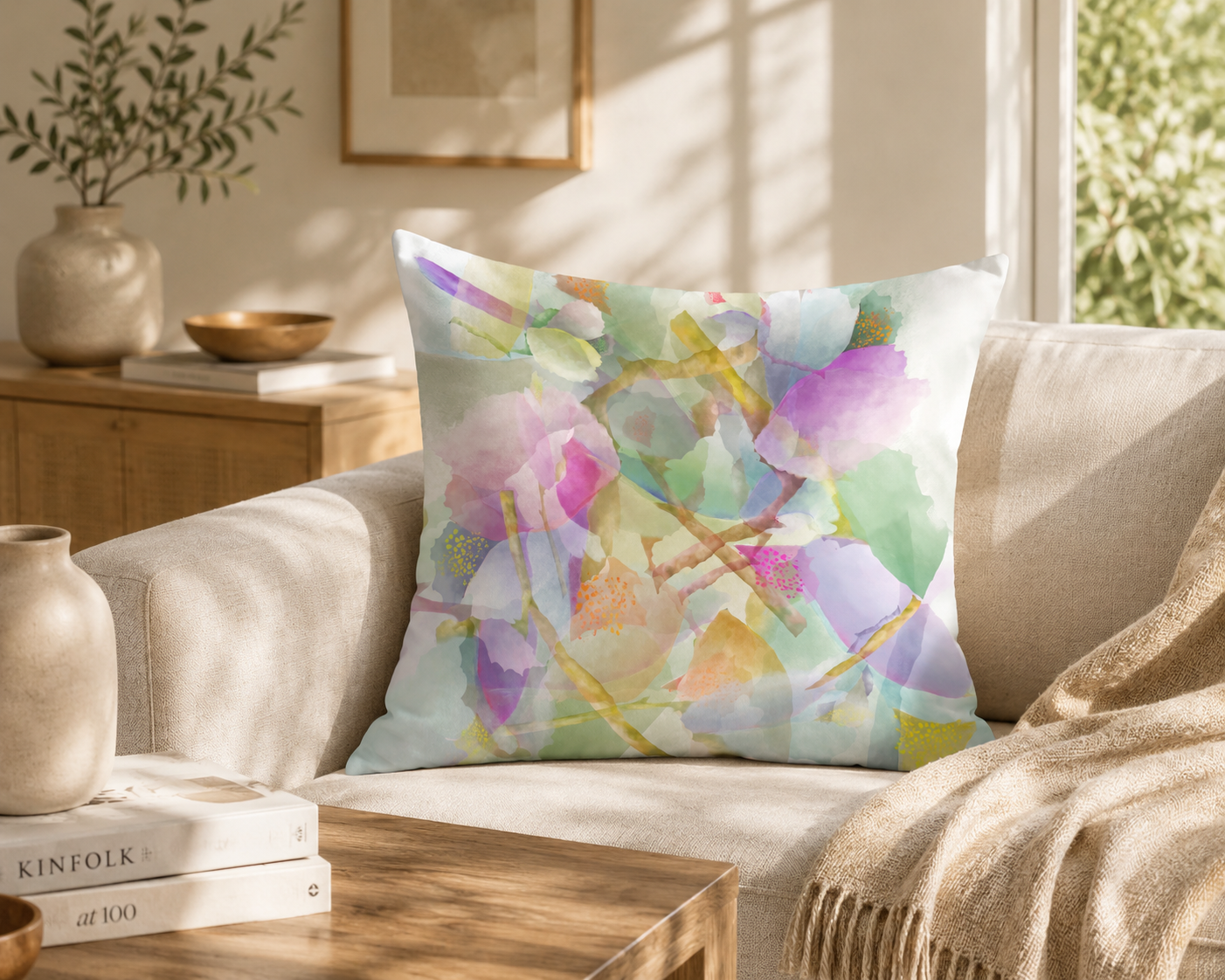 Botanical Watercolor Throw Pillow – Dream Garden Petals Accent Cushion