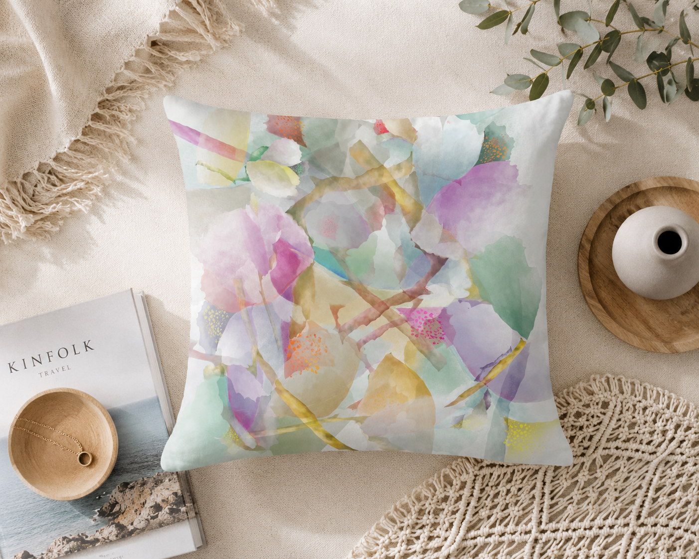 Botanical Watercolor Throw Pillow – Dream Garden Petals Accent Cushion
