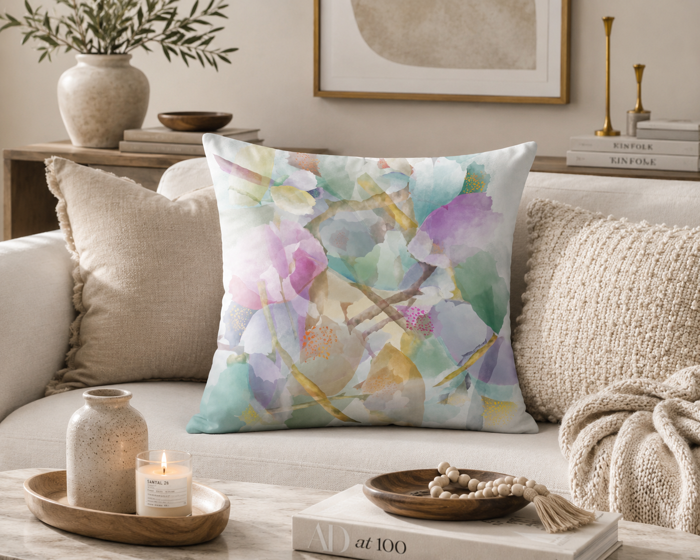 Botanical Watercolor Throw Pillow – Dream Garden Petals Accent Cushion
