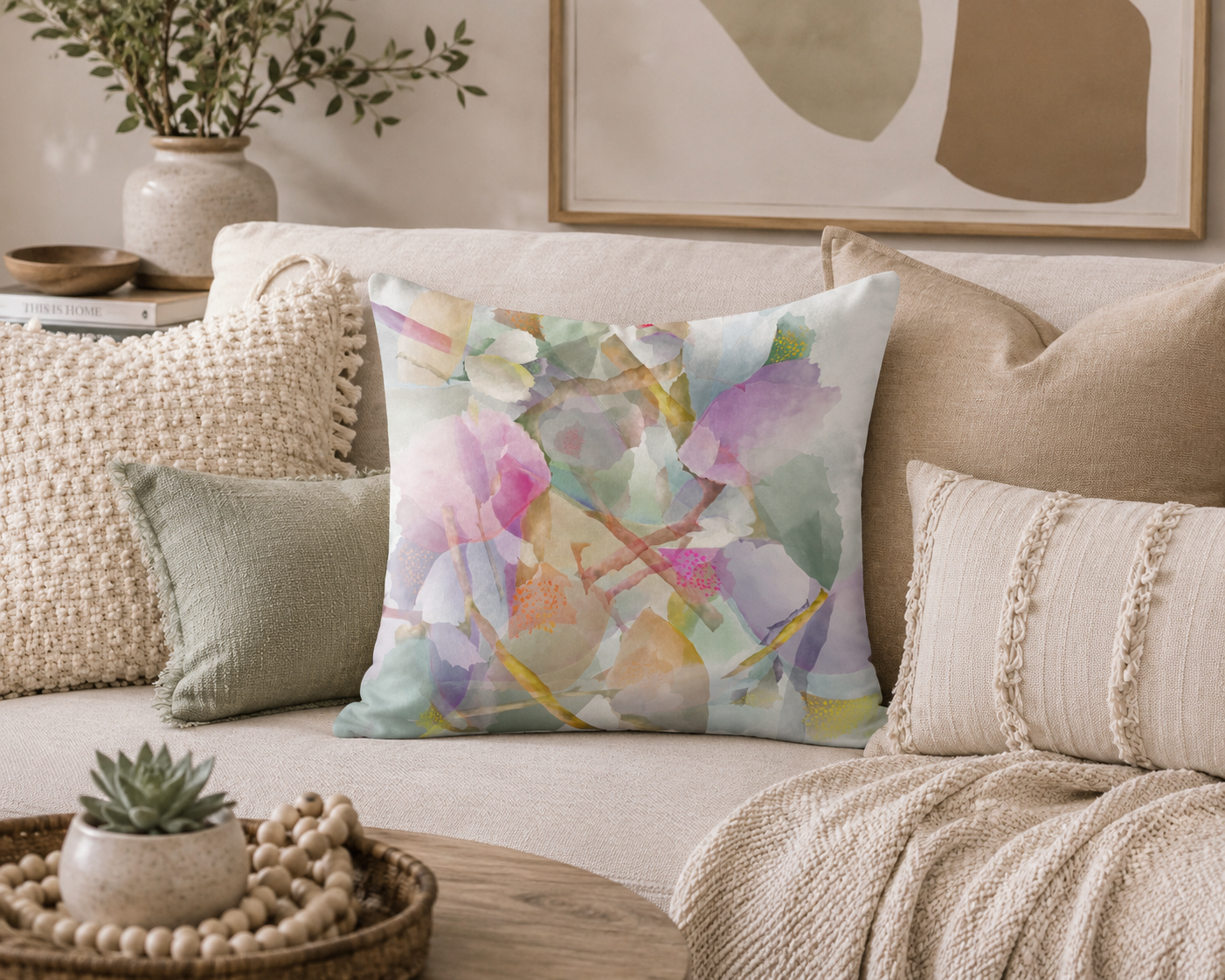 Botanical Watercolor Throw Pillow – Dream Garden Petals Accent Cushion