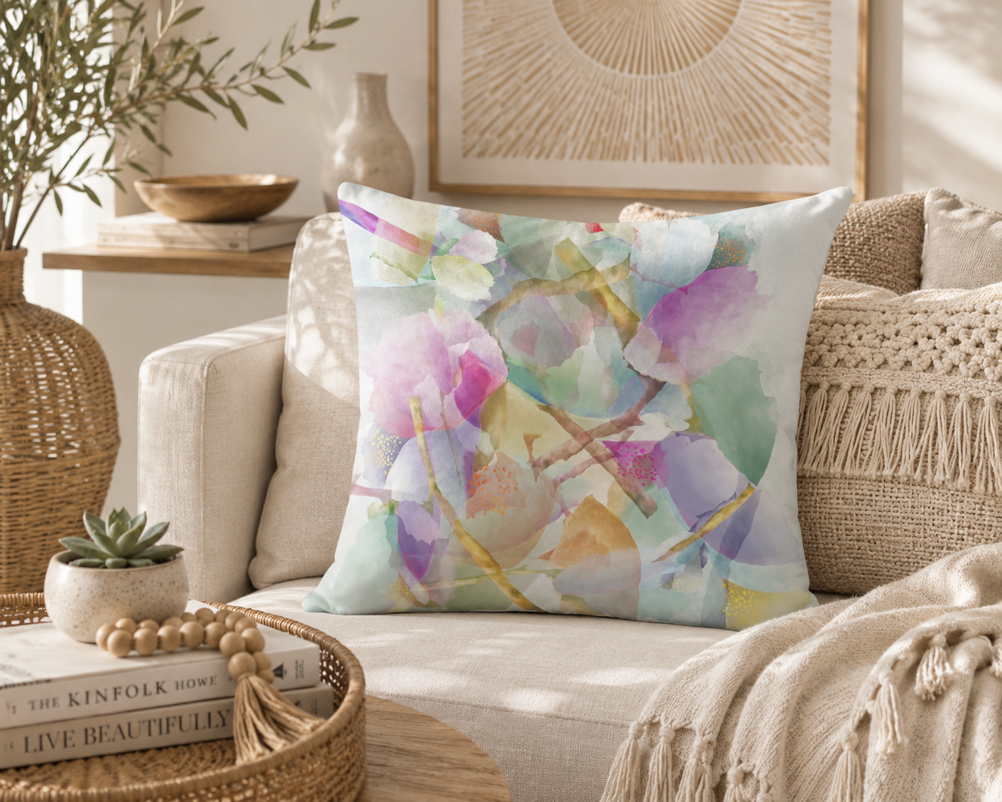 Botanical Watercolor Throw Pillow – Dream Garden Petals Accent Cushion