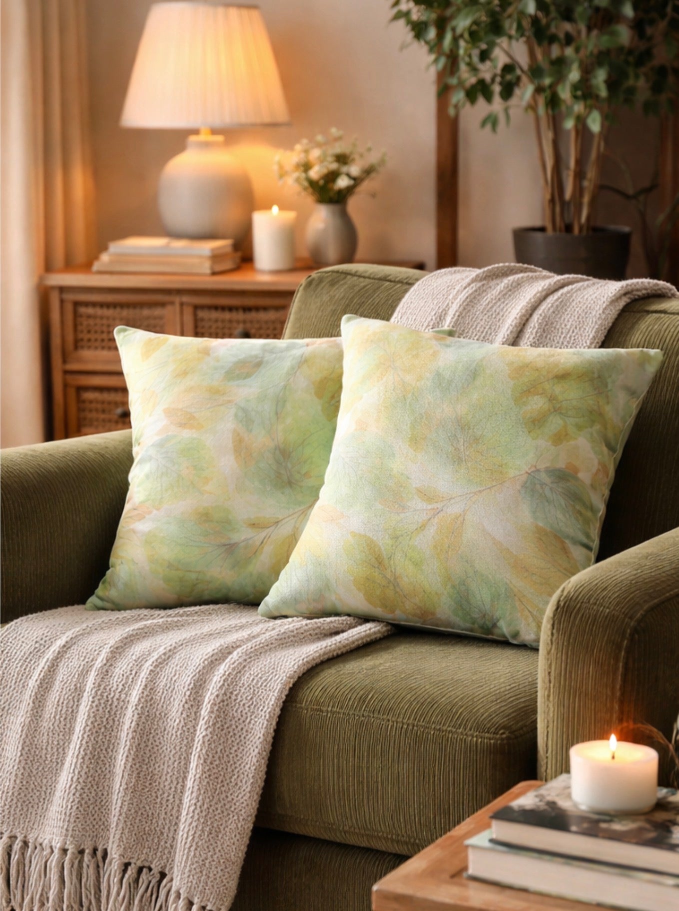 Botanical Watercolor Throw Pillow Cover: Soft Forest Leaves Woodland Accent Cushion