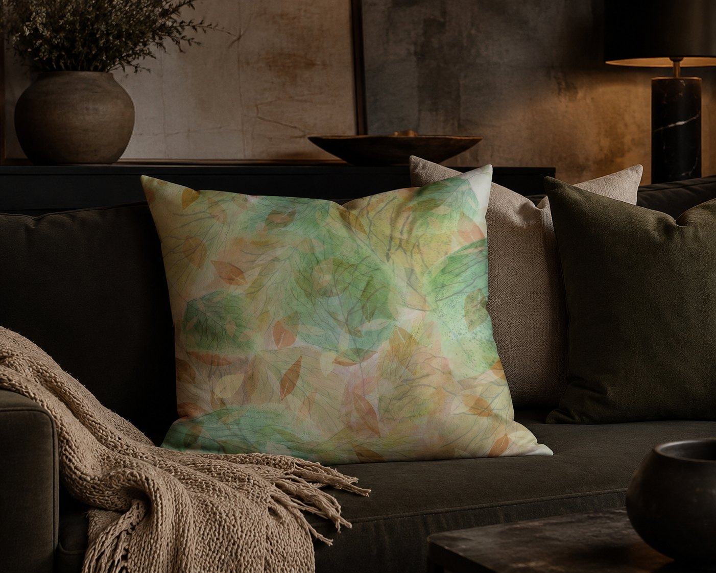 Decorative pillow with floral pattern on a couch in a cozy living room setting.