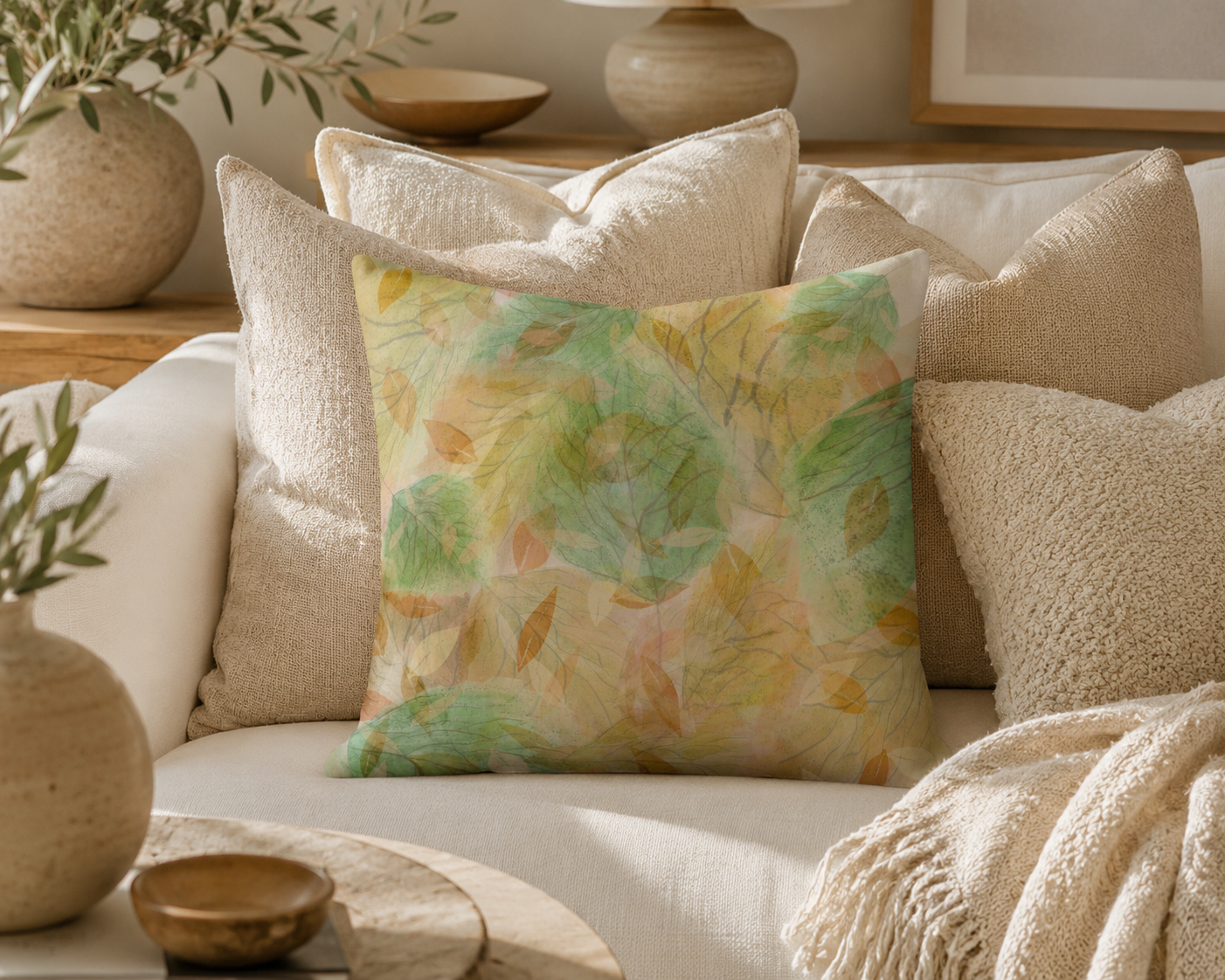 MoirisArt green and yellow botanical throw pillow