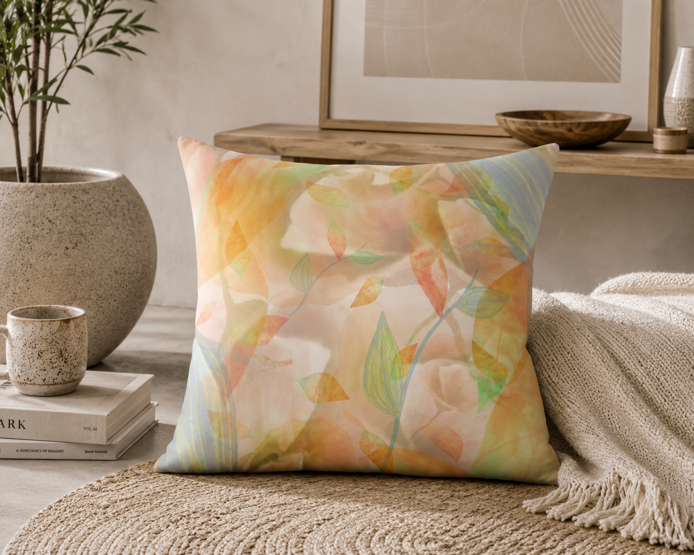Floral patterned pillow on a textured surface with a plant and books in the background