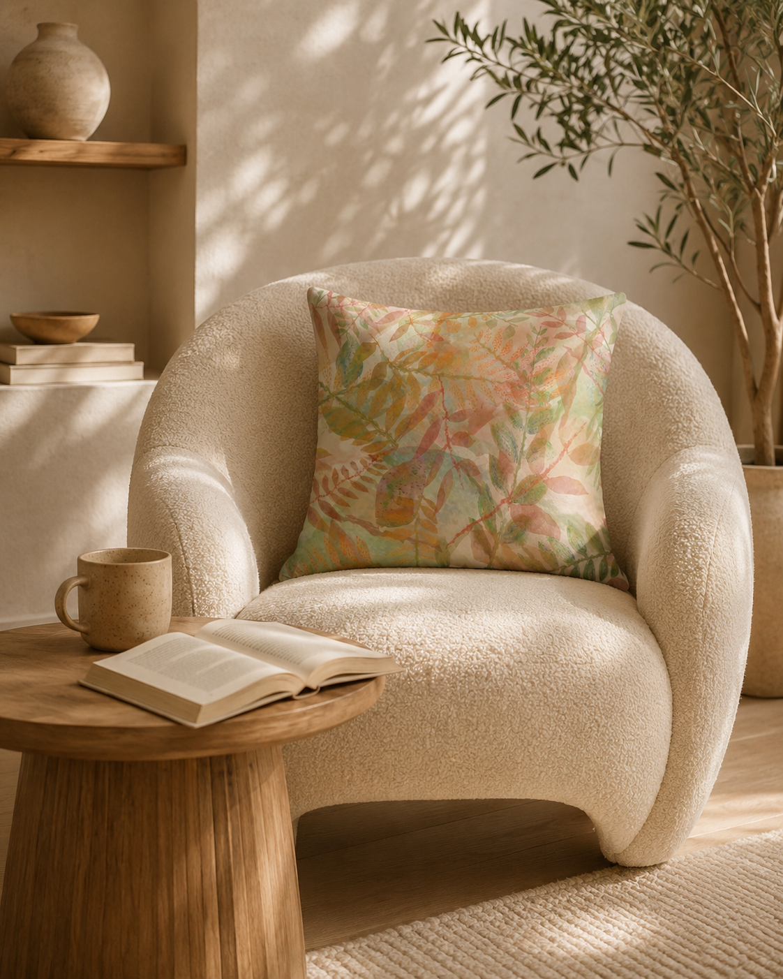 Beige armchair with a floral pillow, wooden table with a book, and plant in a warm-toned room.