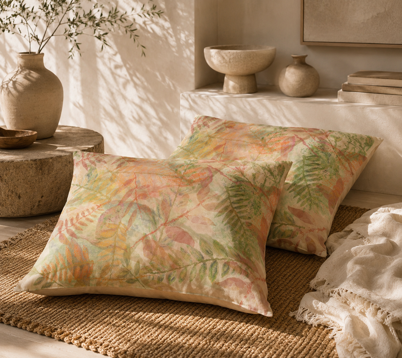 Decorative pillows with leaf pattern on a textured surface, surrounded by rustic decor items.
