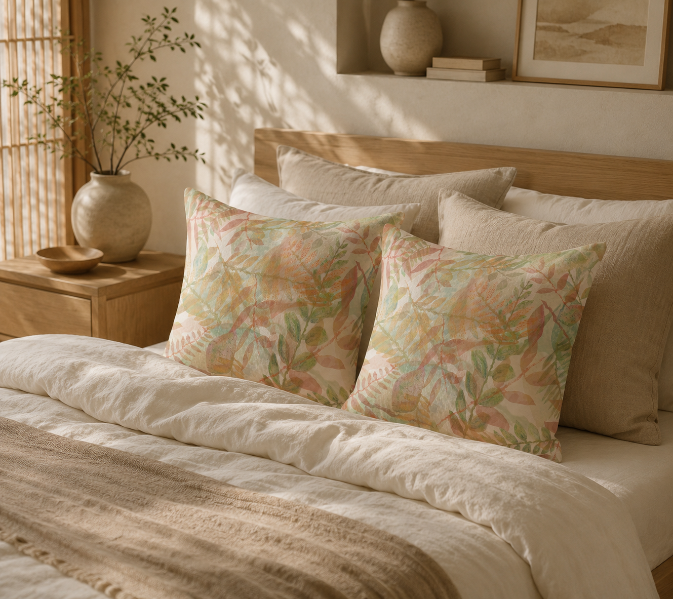 Bedroom with floral-patterned pillows on a bed, wooden headboard, and side table with decor.