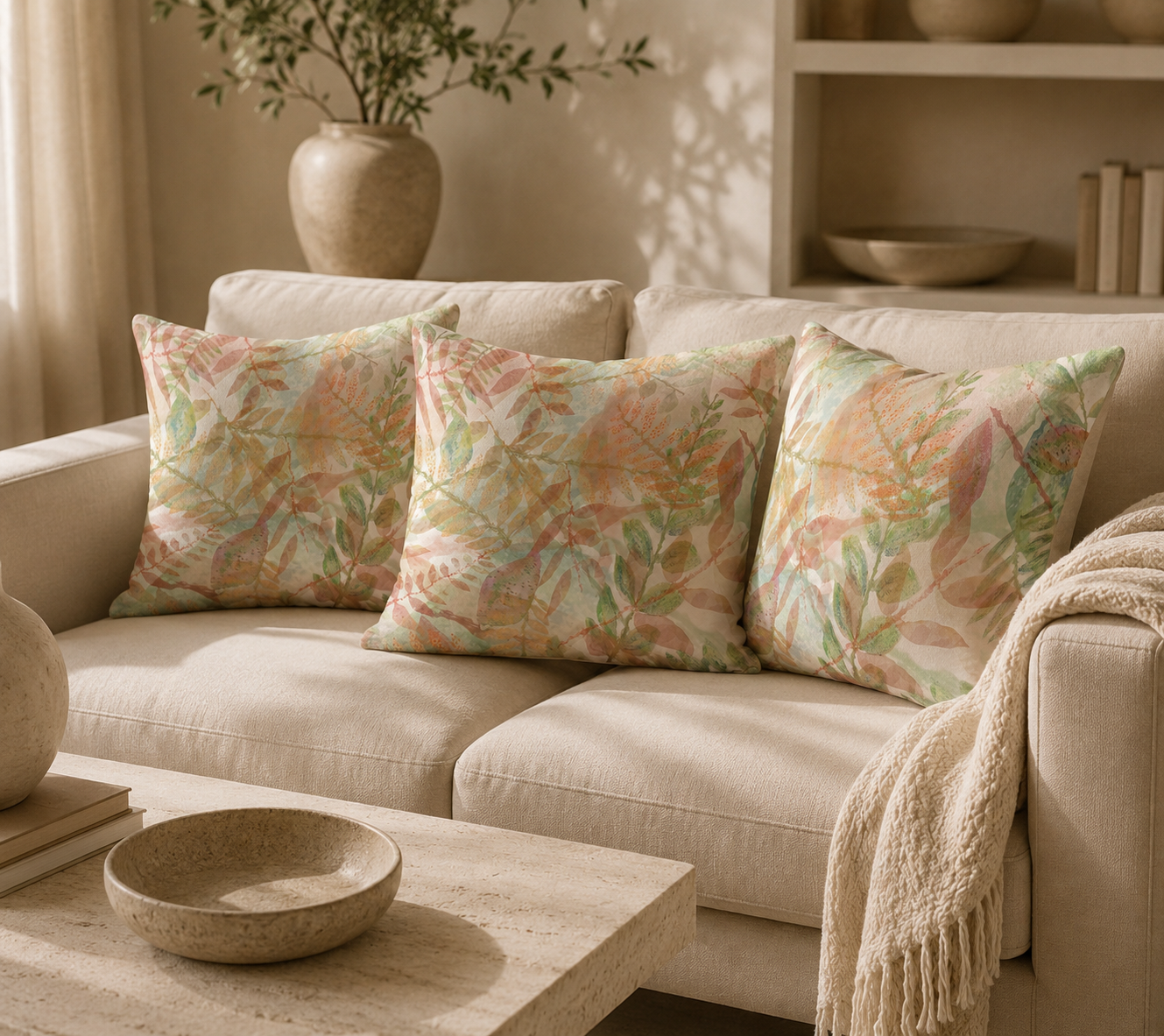 Botanical Watercolor Throw Pillow Cover – Autumn Garden Sage Green Accent Cushion