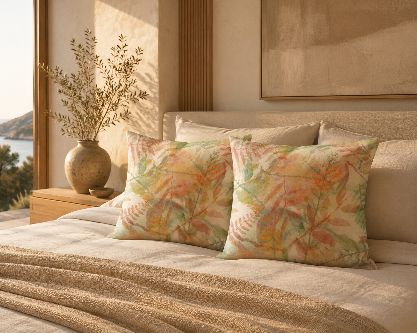 Botanical Watercolor Throw Pillow Cover – Autumn Garden Sage Green Accent Cushion