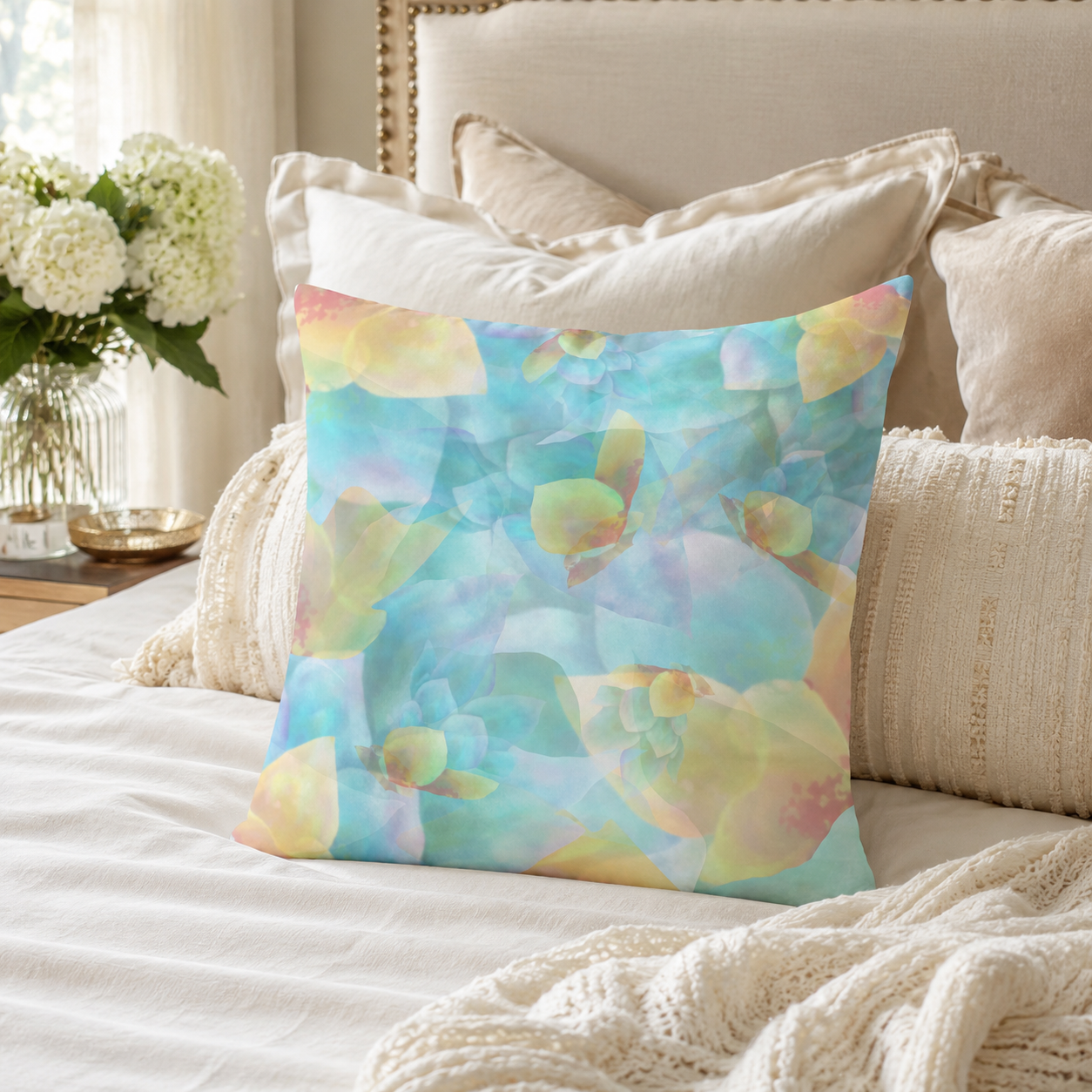 Decorative pillow with a colorful abstract pattern on a bed in a bedroom setting.