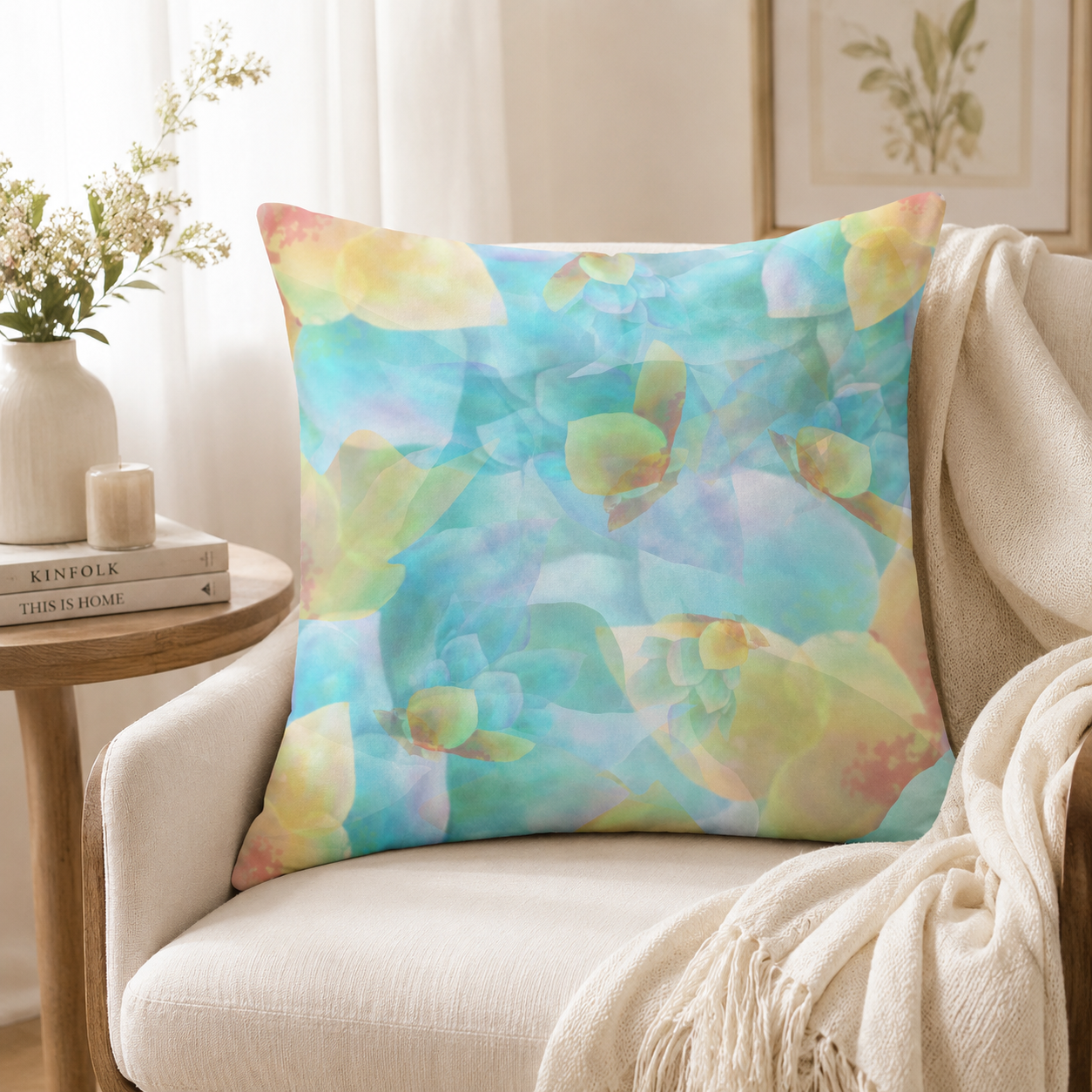 Colorful abstract-patterned pillow on a sofa in a cozy living room.