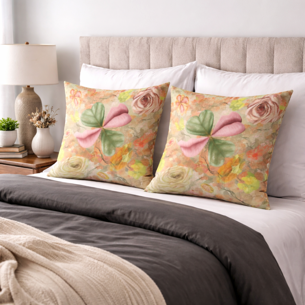 Floral-patterned pillows on a bed with a lamp and decor items in the background.