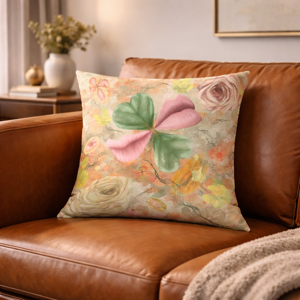 Floral-patterned pillow on a brown leather couch with a blurred background