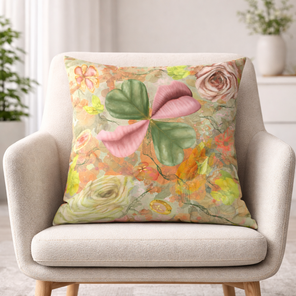 Floral-patterned pillow on a beige armchair in a room with plants.