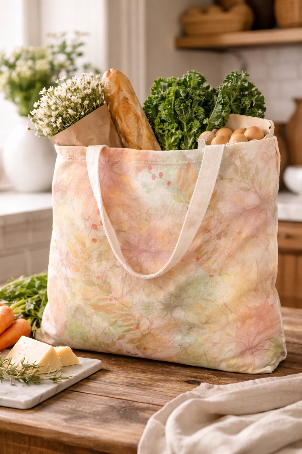  tote bag filled with groceries on a kitchen counter