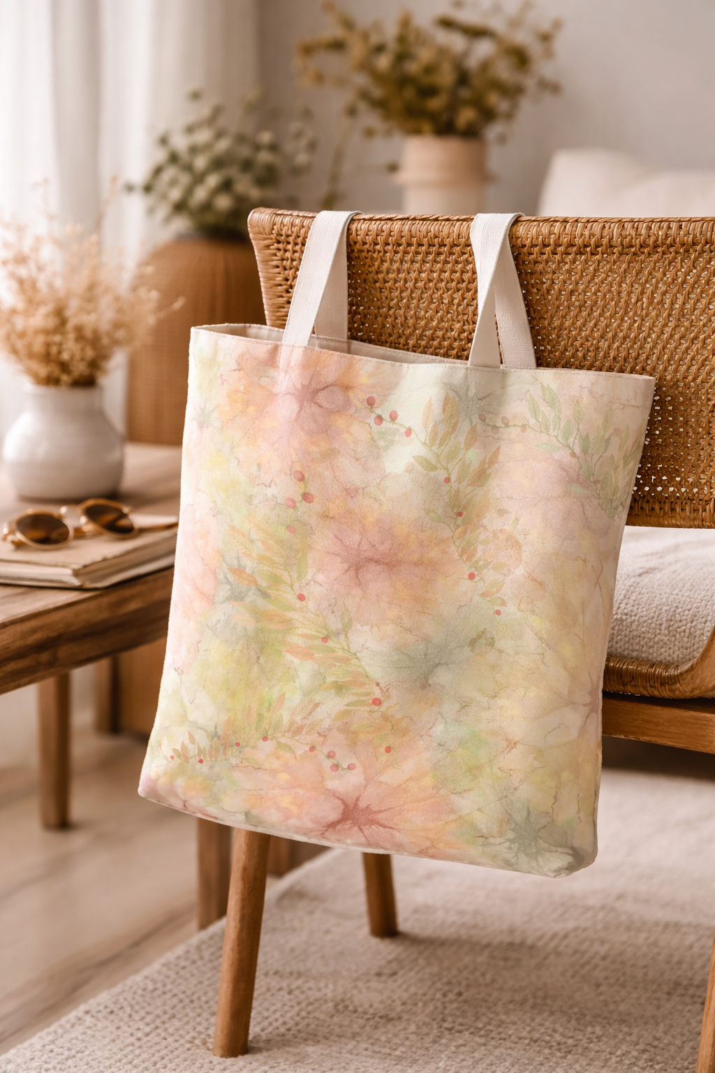 MoirisArt warm floral watercolor canvas tote bag