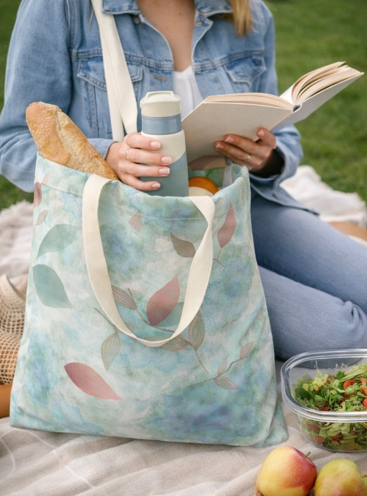 MoirisArt soft floral botanical canvas tote bag