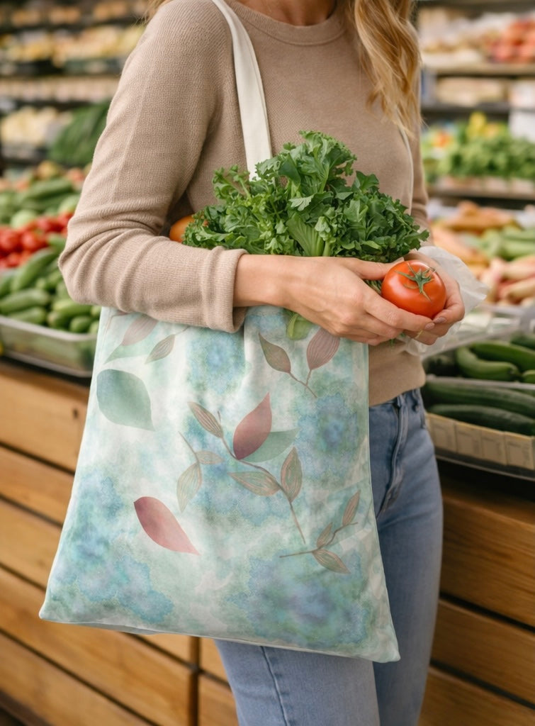 Person holding a reusable tote bag with groceries in a supermarket.