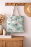 Tote bag with floral design hanging on a wooden hook against a light wall.